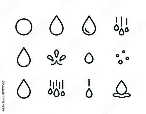 Raindrop Icon Set. Raindrop Shapes. Line icon set of Raindrop Shapes: round droplet, teardrop icon, split drop, falling rain, drip mark, splash icon, water