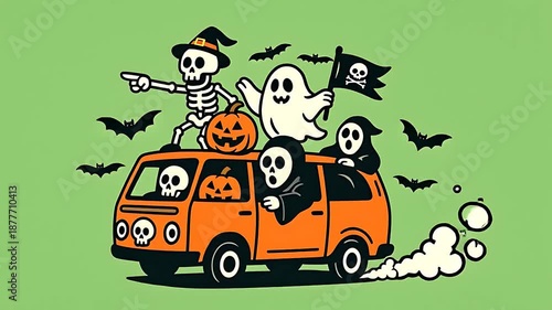 Lots of cute ghosts riding a van in halloween - 2d Animation