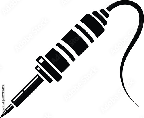 Black and white silhouette of a professional electronic soldering iron tool with heated tip and power cable, electrical repair equipment vector illustration.