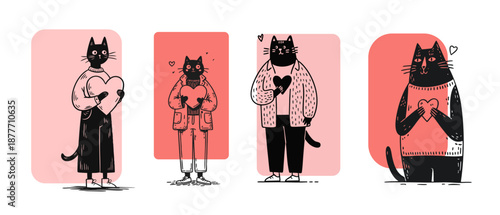Valentines day love cats hand drawn illustration set for greeting cards posters and romantic designs
