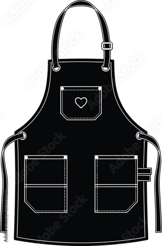 Black bib apron vector illustration with pockets and heart detail, professional kitchen uniform flat icon, protective garment for cooking, gardening and crafting.