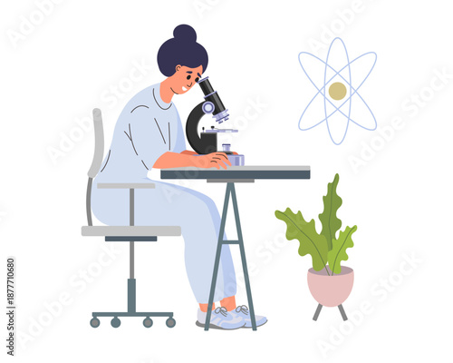 Woman scientist in lab. Young lady looking through Microscope. Search, research concept. Female character finding, checking, analysing, studying. Vector illustration. 