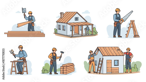 Construction workers building houses, carpentry, and renovation work