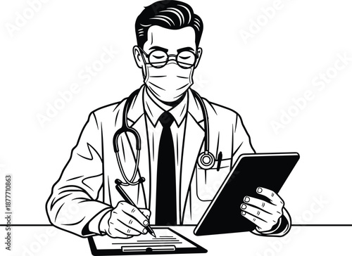 Doctor wearing face mask and glasses sitting at desk writing notes on clipboard while holding digital tablet, healthcare professional, clinical documentation