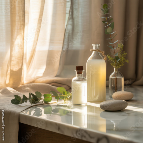 Sunlit bathroom spa scene with glass cosmetic bottles and towel on marble counter near window natural skincare mockup calm wellness interior with eucalyptus branches and stones relaxation