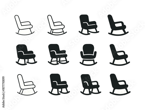 Rocking Chair Icons. A comfortable rocking chair in a nursery or reading room. Icon set. Set Logo of a comfortable rocking chair in a nursery or reading room: