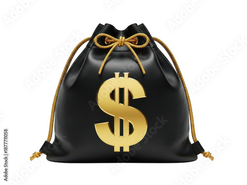 A luxurious black pouch with a golden dollar sign and bow, symbolizing wealth and prosperity isolated on transparent background