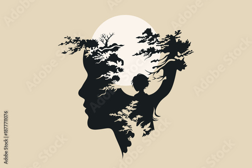 Surreal silhouette of woman's profile filled with intricate tree branches and moon behind, minimalist beige vector illustration.
