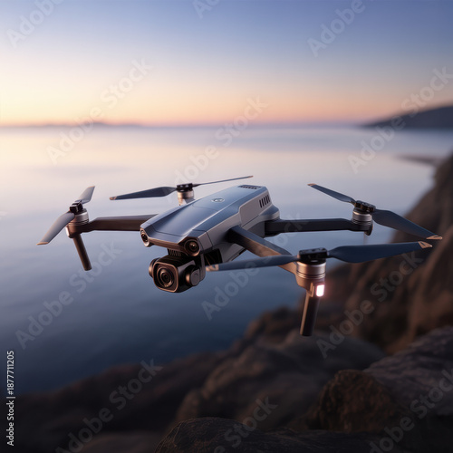Professional quadcopter drone flying over ocean coastline at sunset with camera gimbal aerial photography technology for travel landscape filming cinematic view and remote pilot hobby