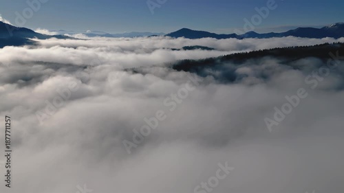 Peaceful Flying Above Foggy Clouds Over Forest Mountains in Sunny Morning