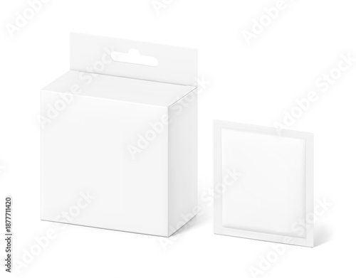 Hanging packaging box with sachet mockup. Half side view. Vector illustration isolated on white background. Ready and simple to use for your design. EPS10.