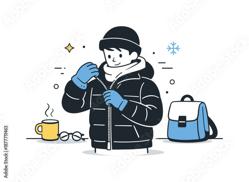 Cold Morning Prep. Cold Morning Routine. A character putting on a jacket and gloves, preparing to go outside. The mood is focused, calm, and slightly brisk.