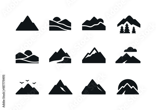 Mountain Sunset Icons. Mountain sunset. Solid icon set of mountain sunset: peak silhouette, descending sun, layered mountains, pine forest, valley line, warm