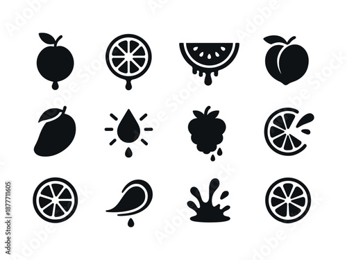 Juicy Fruit Icons. Juicy fruits. Solid icon set of juicy fruits: dripping orange, sliced lemon, watermelon drip, juicy peach, ripe mango, splash droplet, berry