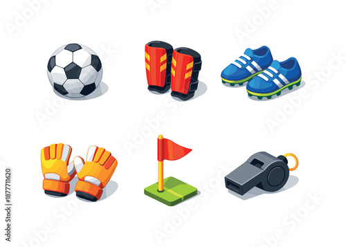 Soccer Gear Icons. Soccer Equipment. Isometric flat vector icons set of soccer equipment: soccer ball, shin guards, soccer cleats, goalkeeper gloves, corner