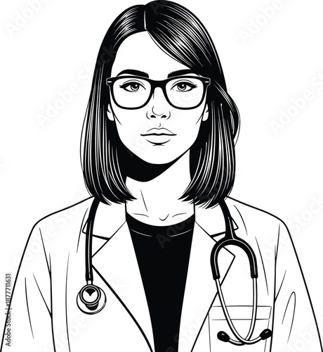 Professional portrait of female doctor wearing glasses and stethoscope, medical healthcare specialist, clinic hospital staff, physician expert, medicine service, health concept