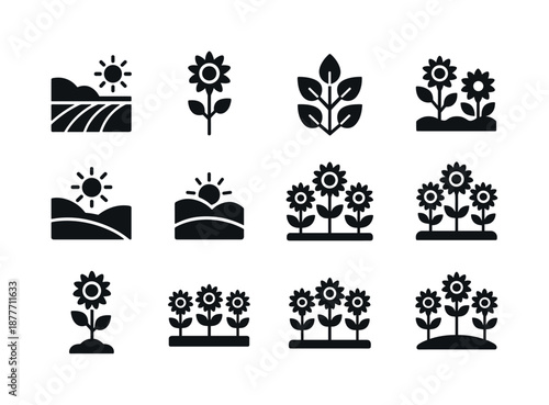 Sunflower Icon Set. Sunflower landscape. Solid icon set of Sunflower landscape: field horizon, tall flower, leaf rows, sky backdrop, layered hills, glowing