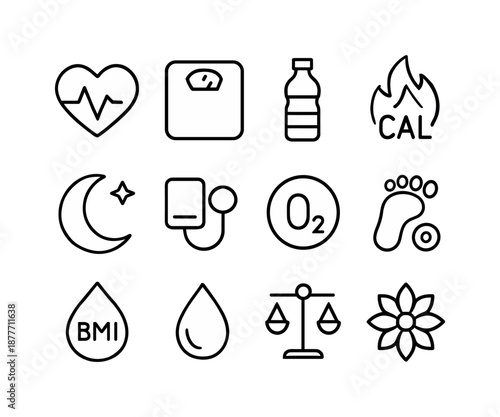 Health Metric Icons. Health metrics. Line icon set of Health metrics: heart pulse, weight scale, water bottle, calorie flame, sleep moon, blood pressure cuff,
