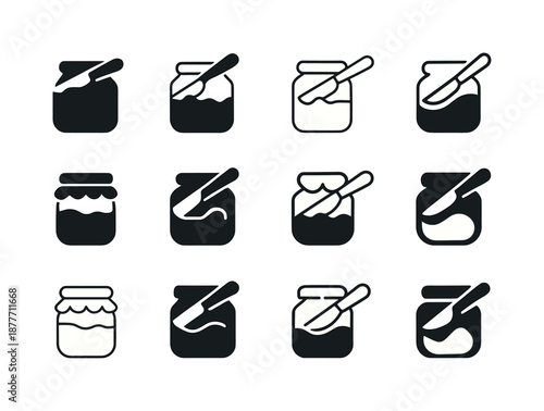 Jam Icon Variations. Jam. Icon set. Set Logo of Jam: spreading knife. harmonious logo variations of the same emblematic concept, each with different artistic