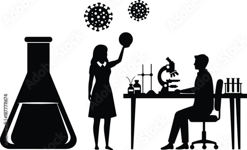 Science laboratory silhouette with researchers working on virus vaccine research, microscope and flask icons, medical scientists conducting clinical experiments in lab.