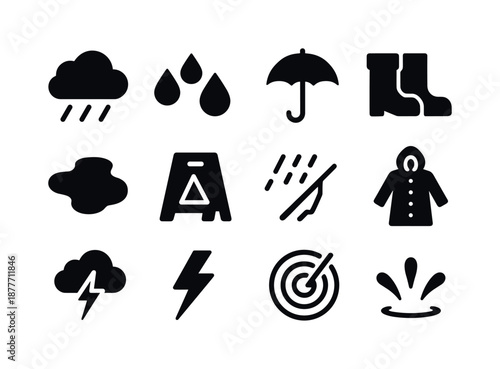 Rainy Day Icons. Rainy Day. Solid icon set of rainy day: rain cloud, heavy raindrops, umbrella, rain boots, puddle, wet floor sign, windshield wiper, raincoat,