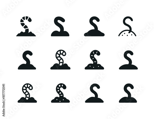 Worm Logo Variations. Worms. Icon set. Set Logo of worms: worm emerging from soil. harmonious logo variations of the same emblematic concept, each with