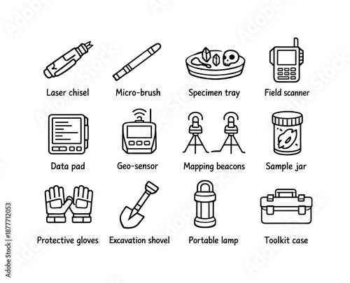 Alien Excavation Tools. Archaeological tools for alien discoveries. Line icon set of Archaeological tools for alien discoveries: laser chisel, micro-brush,