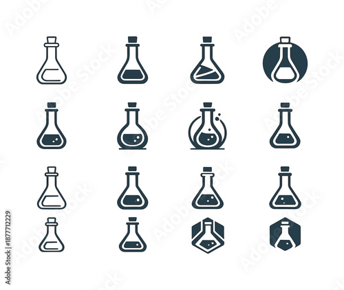 Volumetric Flask Logos. volumetric flasks. Icon set. Set Logo of volumetric flasks: flask with stopper. harmonious logo variations of the same emblematic