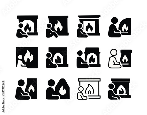 Fireplace Logo Variations. People enjoying a warm fire in the fireplace. Icon set. Set Logo of people enjoying a warm fire in the fireplace: fireplace glow and