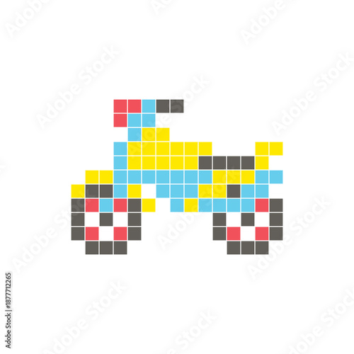 A flat pixel design made of geometric square color blocks on a clean icon layout. Pixel art motorcycle