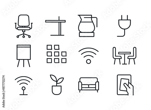 Startup Workspace Icons. Tech startups. Line icon set of startup workspace: office chair, standing desk, coffee pot, whiteboard, sticky notes grid, plug icon,