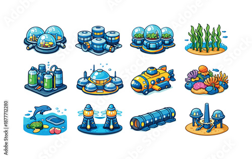 Colorful Marine Colonies Icons. Marine colonies. Colorful isometric vector icons set of marine colonies: colony domes, habitat clusters, underwater farming