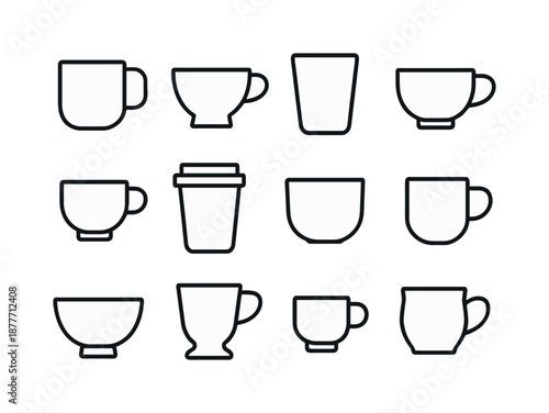 Cup Silhouette Icons. Cup silhouettes. Line icon set of Cup silhouettes: mug shape, teacup shape, tall cup, wide cup, espresso cup, travel mug, handleless cup,