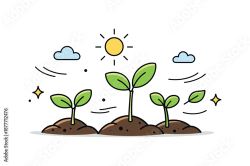 Spring Growth Illustration. Early spring renewal. Young plants emerging from the soil under soft sunlight. Feeling of fresh beginnings and calm optimism, small