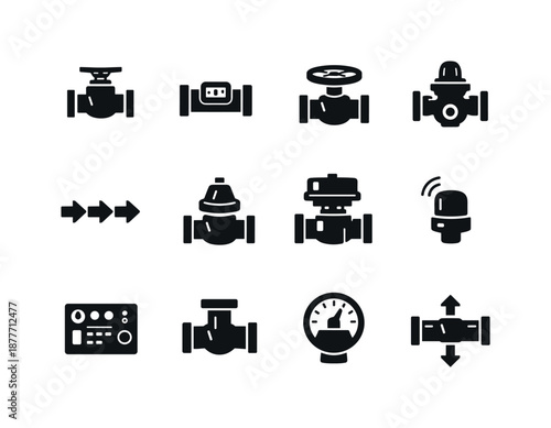 Pipeline Icon Set. Pipeline flow control. Solid icon set of Pipeline flow control: control valve, flow meter, adjustable valve wheel, pressure regulator, flow