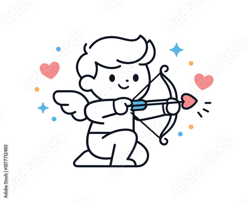 Geometric Cupid Design. Cupid with bow and arrow concept. Simple geometric cupid character holding a bow, preparing to shoot an arrow, expressing anticipation