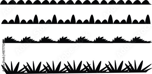 Set of Decorative Black Silhouette Borders Including Grass Patterns and Scalloped Horizontal Dividers for Graphic Design Projects