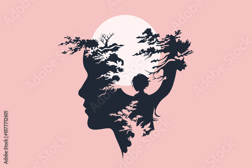 Surreal silhouette of woman's profile filled with intricate tree branches and moon behind, minimalist beige vector illustration
