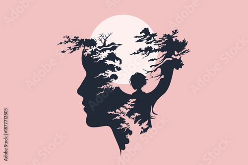 Surreal silhouette of woman's profile filled with intricate tree branches and moon behind, minimalist beige vector illustration