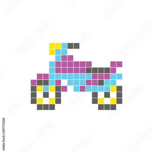 A flat pixel design made of geometric square color blocks on a clean icon layout. Pixel art motorcycle