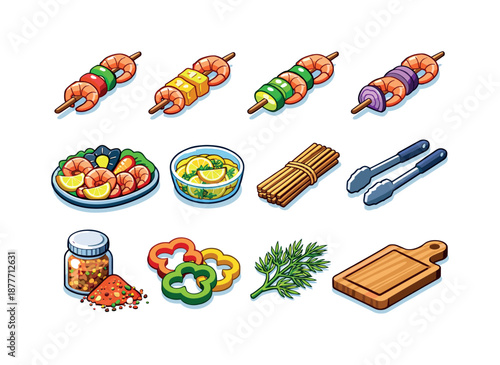 Seafood Skewer Icons. Seafood skewers. Colorful isometric vector icons set of seafood skewers: shrimp and pepper skewer, shrimp and pineapple skewer, shrimp