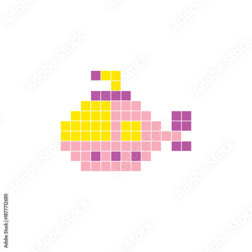 A flat pixel design made of geometric square color blocks on a clean icon layout. Pixel art submarine