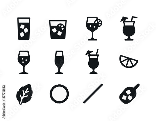 Mixed Drinks Icons. Mixed drinks. Solid icon set of mixed drinks: highball glass, lowball glass, gin and tonic, rum punch, spritz glass, blue lagoon, pina