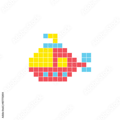 A flat pixel design made of geometric square color blocks on a clean icon layout. Pixel art submarine