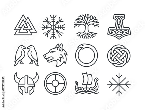 Norse Symbol Icons. Runes and symbols. Line icon set of Norse symbols: Valknut, Helm of Awe, Yggdrasil tree, Mjolnir hammer, ravens pair, wolf head, world