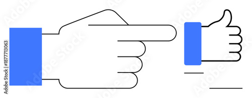 Hand gestures. Enlarged pointer hand and thumbs-up symbol illustrate communication concepts thumbs up interaction, approval, and agreement. Hand gestures signify social media, feedback, or UI design