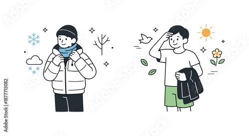 Seasonal Weather Transition. Lifestyle seasonal shift. A character adapting to changing weather, adding or removing layers, surrounded by subtle seasonal