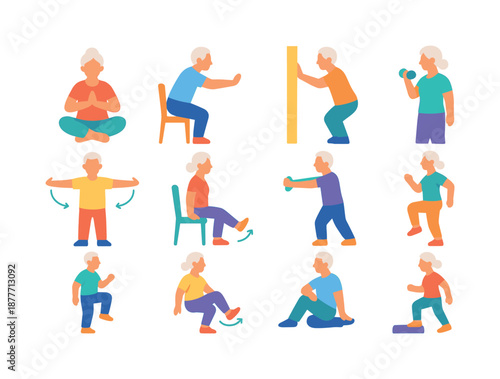 Senior Exercise Icons. Senior exercises. Colorful flat vector icons set of senior exercises: gentle yoga pose, chair-assisted squat, wall push-up, light