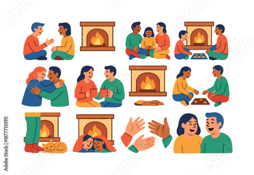Fireplace Icon Set. Fireplace bonding. Colorful flat vector icons set of fireplace bonding: two friends chatting, family sitting circle, sharing stories, kids