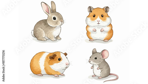 Cute Watercolor Pet Rodents and Rabbit Illustration Set